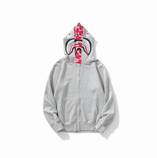 BAPE DOUBLE SHARK FULL ZIP HOODIE PINK AND GREY